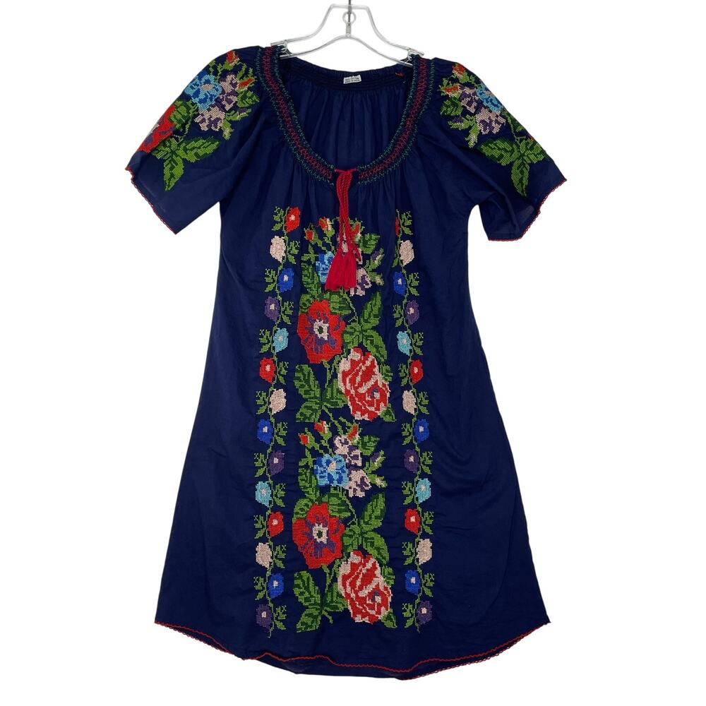 Mexican Blue Needle Pin Crochet Floral Short Dress Women's Size Small
